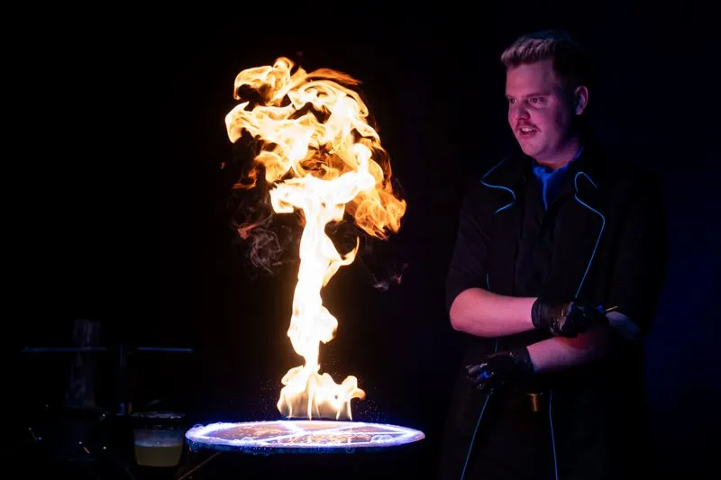 A column of flame from a fire bubble
